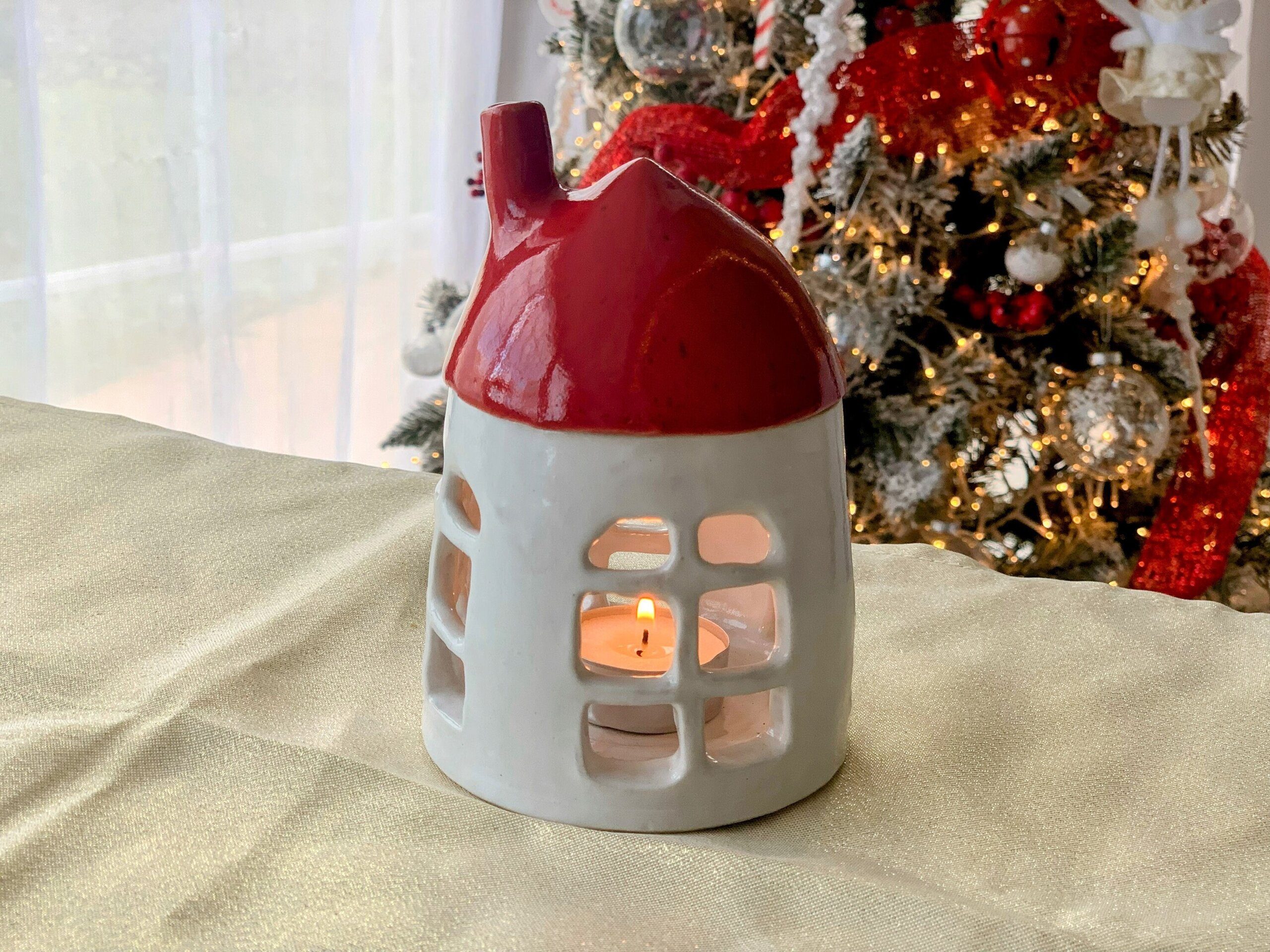 Porta velas faro esmaltado en blanco brillo y rojo. - 6